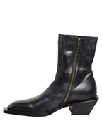 Black Leather Shiny Tex Mid Calf Boots Shoes