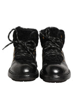Black Trekking Fur Lace Leather Boots Shoes