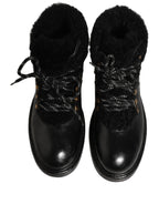 Black Trekking Fur Lace Leather Boots Shoes