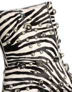 Black White Zebra Embellished Boots Shoes