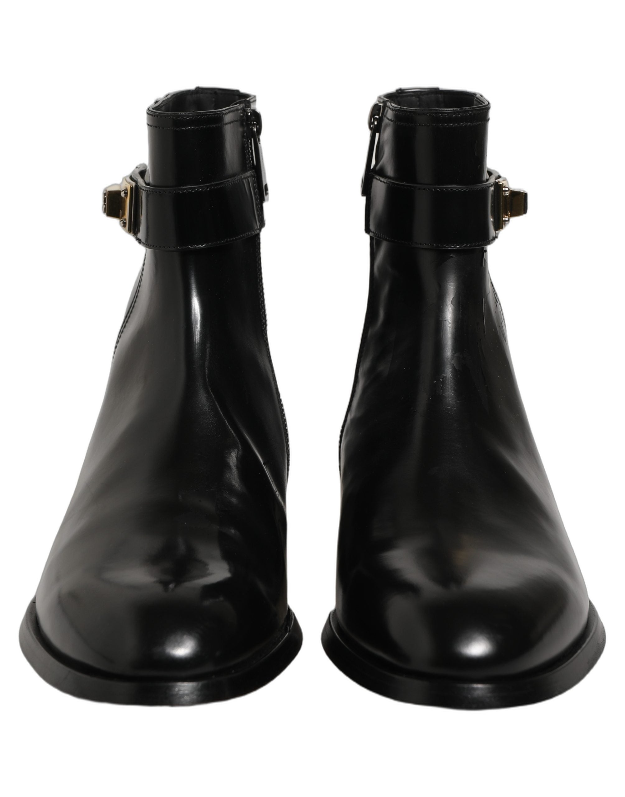 Black Leather Logo Buckle Mid Calf Boots Shoes