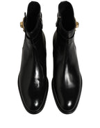 Black Leather Logo Buckle Mid Calf Boots Shoes