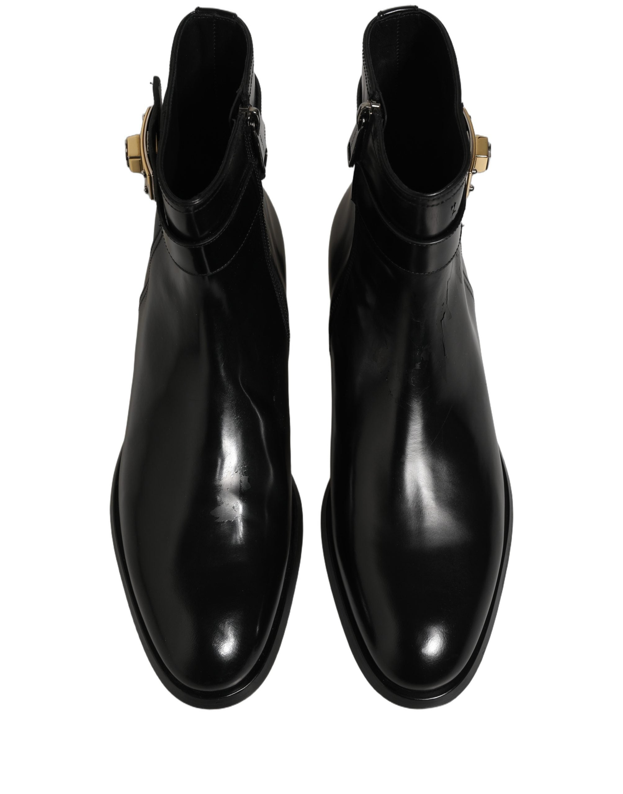 Black Leather Logo Buckle Mid Calf Boots Shoes