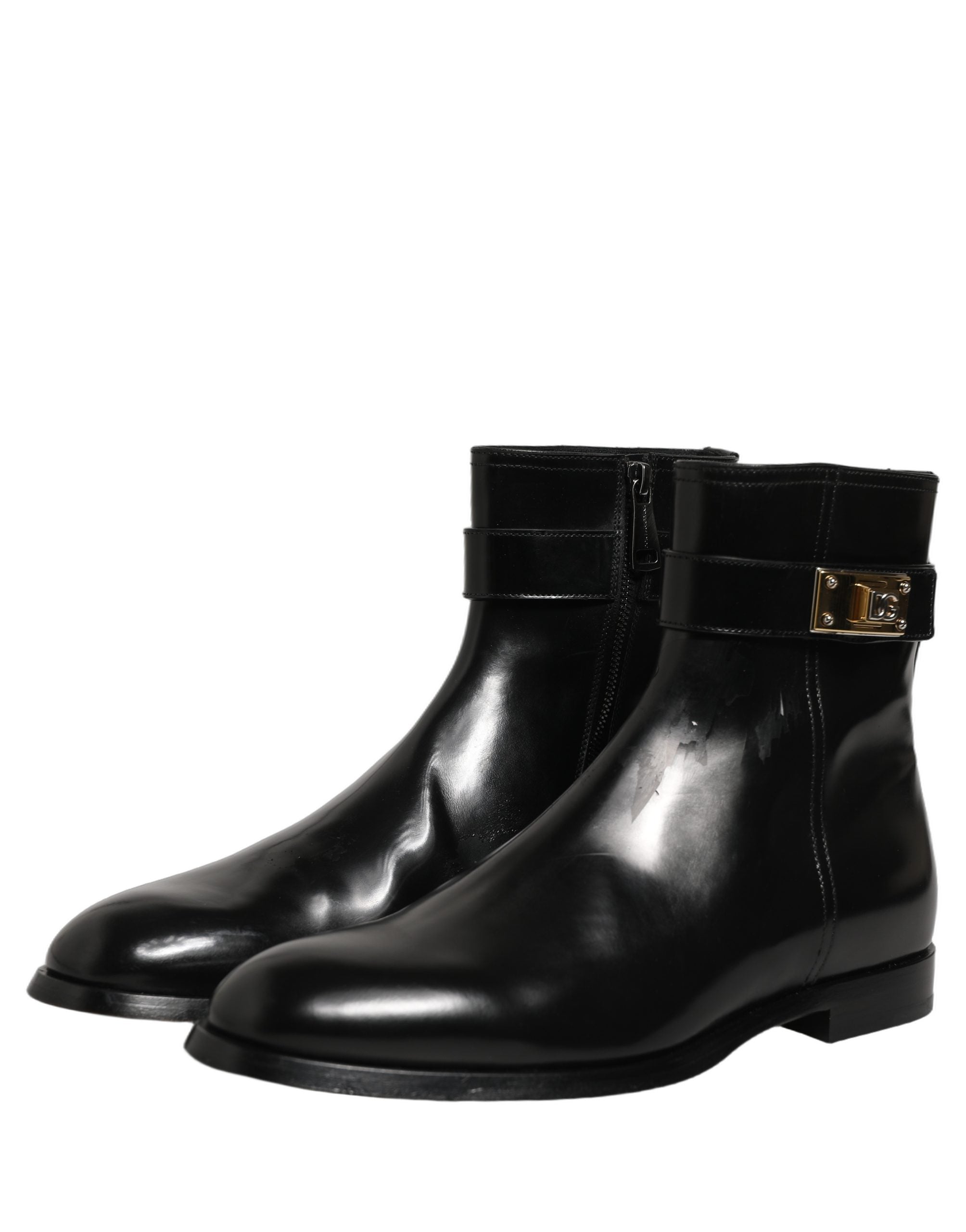 Black Leather Logo Buckle Mid Calf Boots Shoes