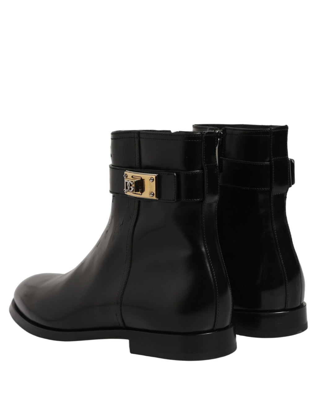 Black Leather Logo Buckle Mid Calf Boots Shoes