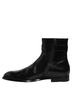 Black Leather Logo Buckle Mid Calf Boots Shoes