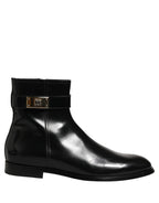 Black Leather Logo Buckle Mid Calf Boots Shoes