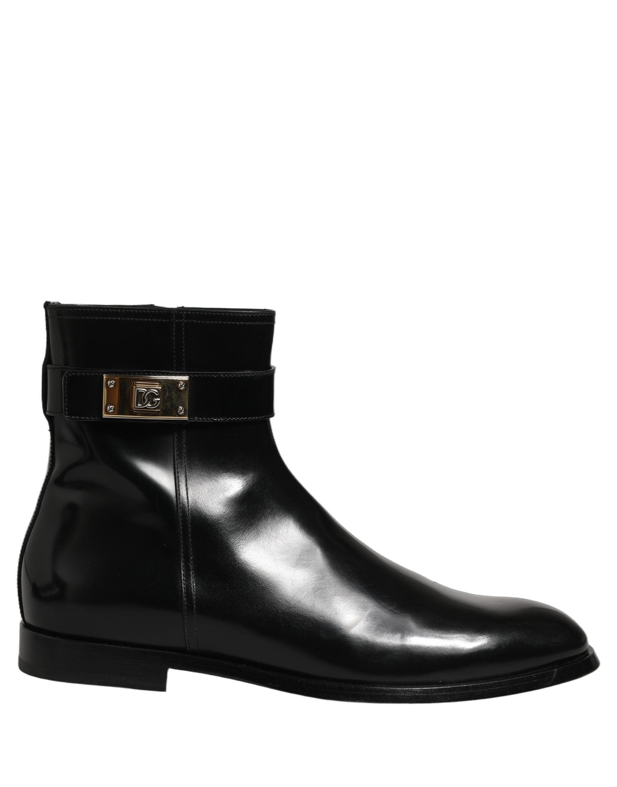 Black Leather Logo Buckle Mid Calf Boots Shoes