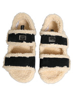 Beige Black Faux Fur Flats Men Sandals Shoes