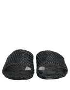 Black Straw Raffia Slides Sandals Flats Shoes