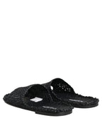 Black Straw Raffia Slides Sandals Flats Shoes