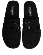 Black Fabric Woven Slides Sandals Flats Shoes