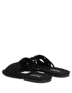 Black Fabric Woven Slides Sandals Flats Shoes