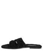 Black Fabric Woven Slides Sandals Flats Shoes