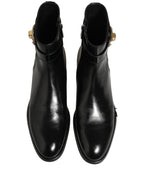 Black Leather Logo Buckle Mid Calf Boots Shoes