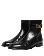 Black Leather Logo Buckle Mid Calf Boots Shoes