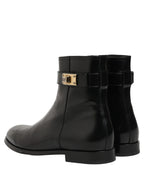 Black Leather Logo Buckle Mid Calf Boots Shoes