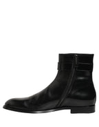 Black Leather Logo Buckle Mid Calf Boots Shoes