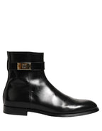 Black Leather Logo Buckle Mid Calf Boots Shoes