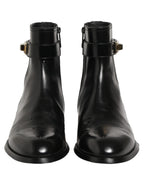 Black Leather Logo Buckle Mid Calf Boots Shoes