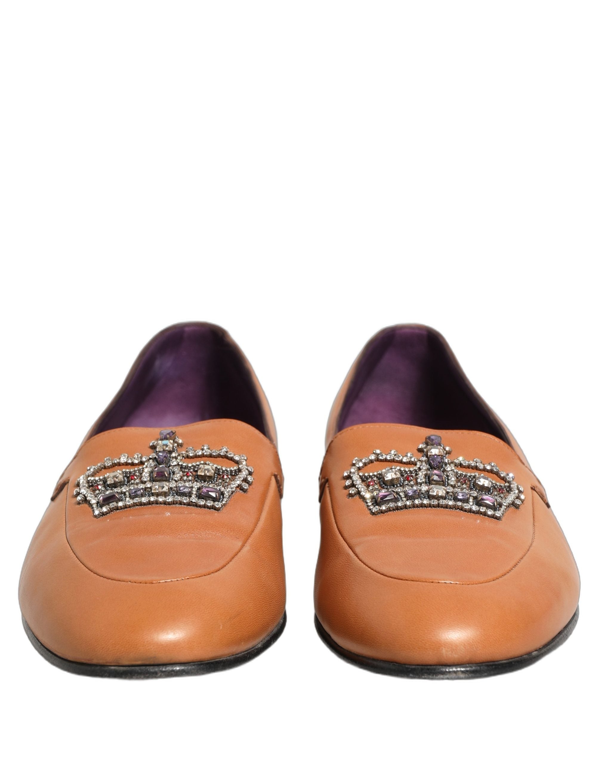 Brown Leather Crown Embellished Loafers Shoes