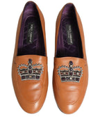 Brown Leather Crown Embellished Loafers Shoes
