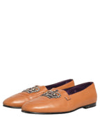 Brown Leather Crown Embellished Loafers Shoes