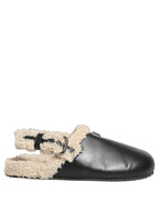 Beige Black Fur Shearling Slides Sandals Shoes