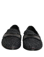 Black Woven Raffia Slip On Loafers Shoes