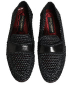 Black Woven Raffia Slip On Loafers Shoes