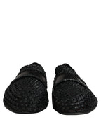 Black Woven Leather Slip On Loafers Men Shoes