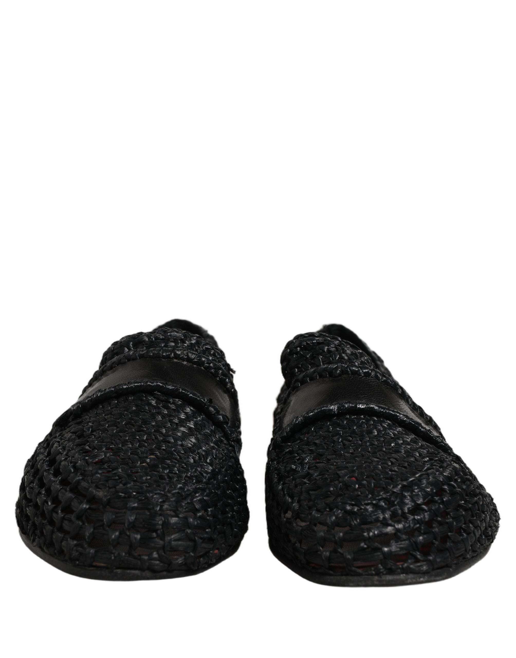 Black Woven Leather Slip On Loafers Men Shoes
