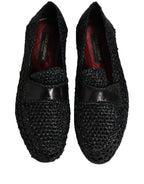 Black Woven Leather Slip On Loafers Men Shoes