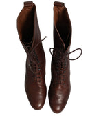 Brown Leather Lace Up Mid Calf Boots Shoes