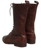 Brown Leather Lace Up Mid Calf Boots Shoes