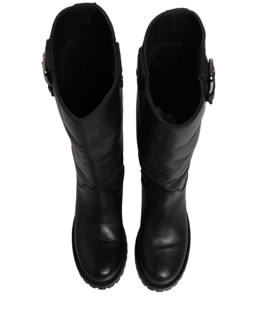 Black Leather Buckle Detail Mid Calf Boots Shoes