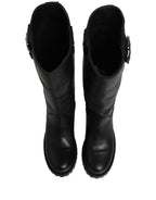 Black Leather Buckle Detail Mid Calf Boots Shoes