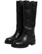 Black Leather Buckle Detail Mid Calf Boots Shoes