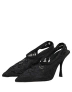 Black Lace Pointed Toe Slingback Pumps Shoes