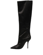Black Satin Knee High Stiletto Boots Shoes