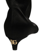 Black Satin Knee High Kitten Boots Shoes