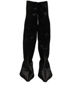 Black Satin Knee High Kitten Boots Shoes