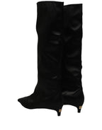 Black Satin Knee High Kitten Boots Shoes