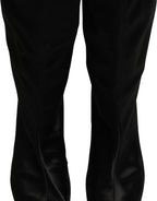 Black Satin Knee High Kitten Boots Shoes