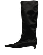 Black Satin Knee High Kitten Boots Shoes