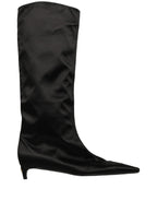 Black Satin Knee High Kitten Boots Shoes