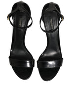 Black Leather Ankle Strap Heels Sandals Shoes