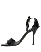 Black Leather Ankle Strap Heels Sandals Shoes