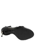 Black Leather T-strap Heels Sandals Shoes