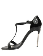 Black Leather T-strap Heels Sandals Shoes